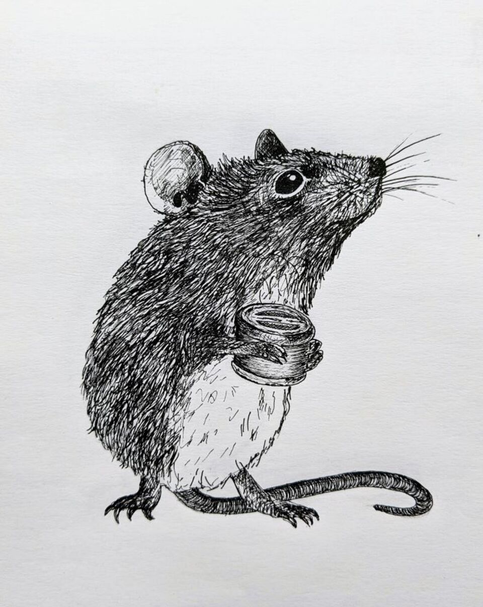 Sketching of a mouse standing on it's hind legs.